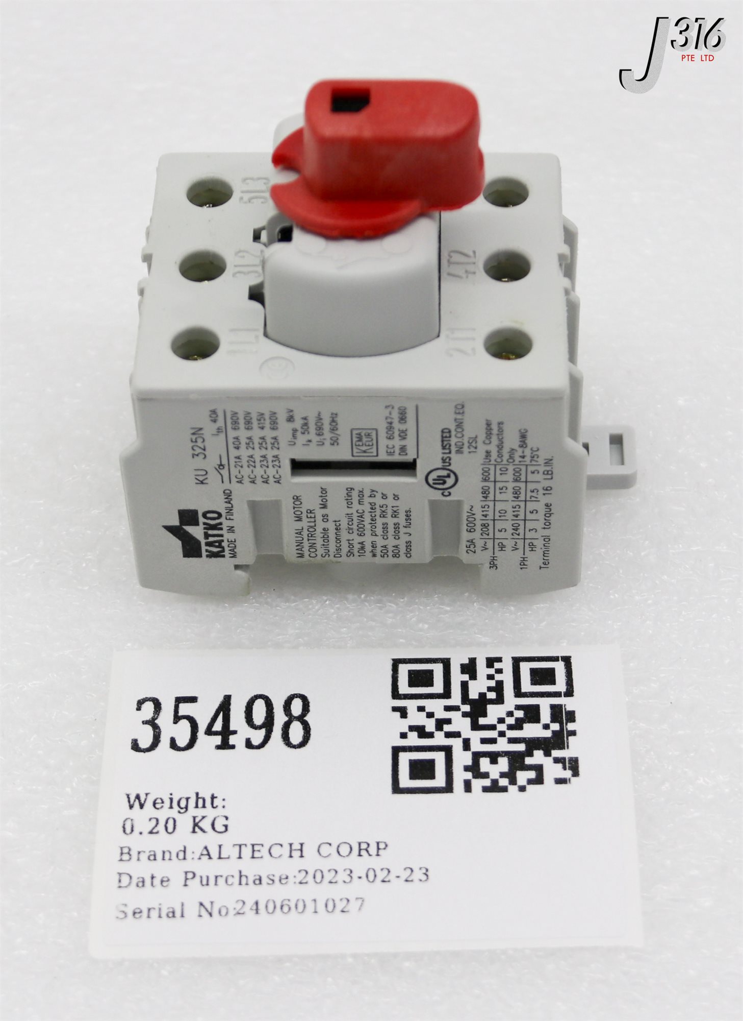 a— 35498 ALTECH CORP 3-POLE MOTOR DISCONNECT SWITCH, 25A 600V (NEW